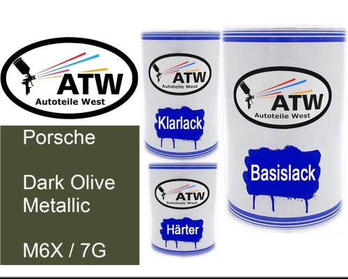 Porsche, Dark Olive Metallic, M6X / 7G: 500ml Lackdose + 500ml Klarlack + 250ml Härter - Set, von ATW Autoteile West.